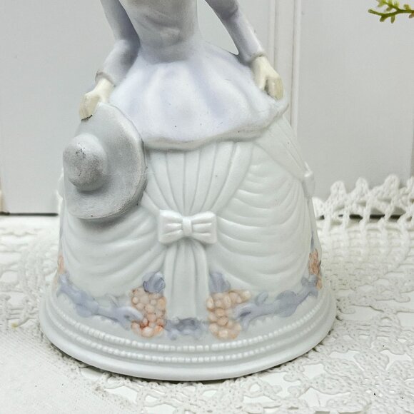 Victorian Ceramic Dinner Bell Woman Figurine Hat Bow Dress Floral Cabinet Piece - Picture 3 of 10